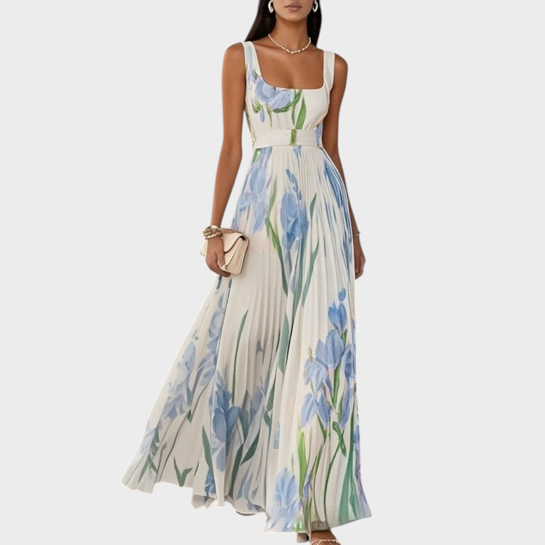 Luxe | Vestido largo plisado con escote cuadrado y flores de gasa