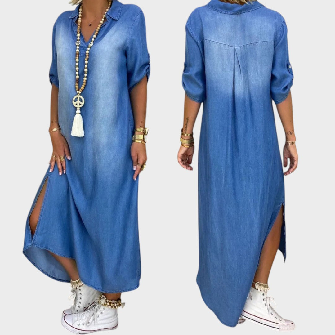 Lea | Vestido Largo Efecto Denim Con Abertura Lateral