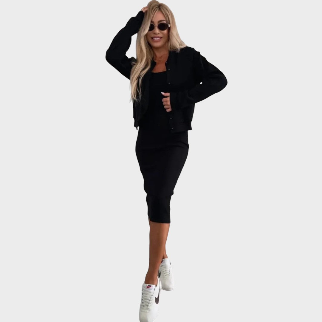 Karin | Conjunto de Vestido Midi Y Chaqueta Bomber De Canalé